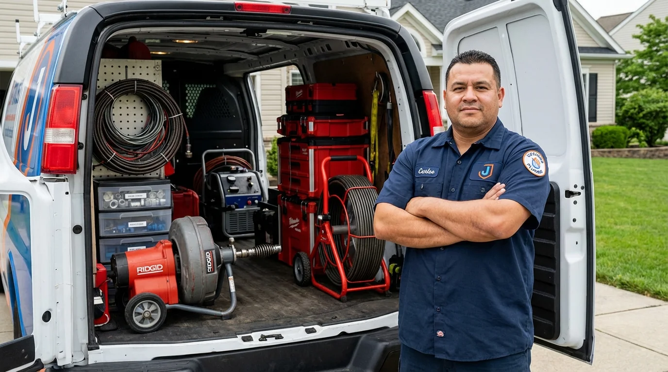 Professional drain cleaning equipment and Johns Plumbing LLC plumber in Russell