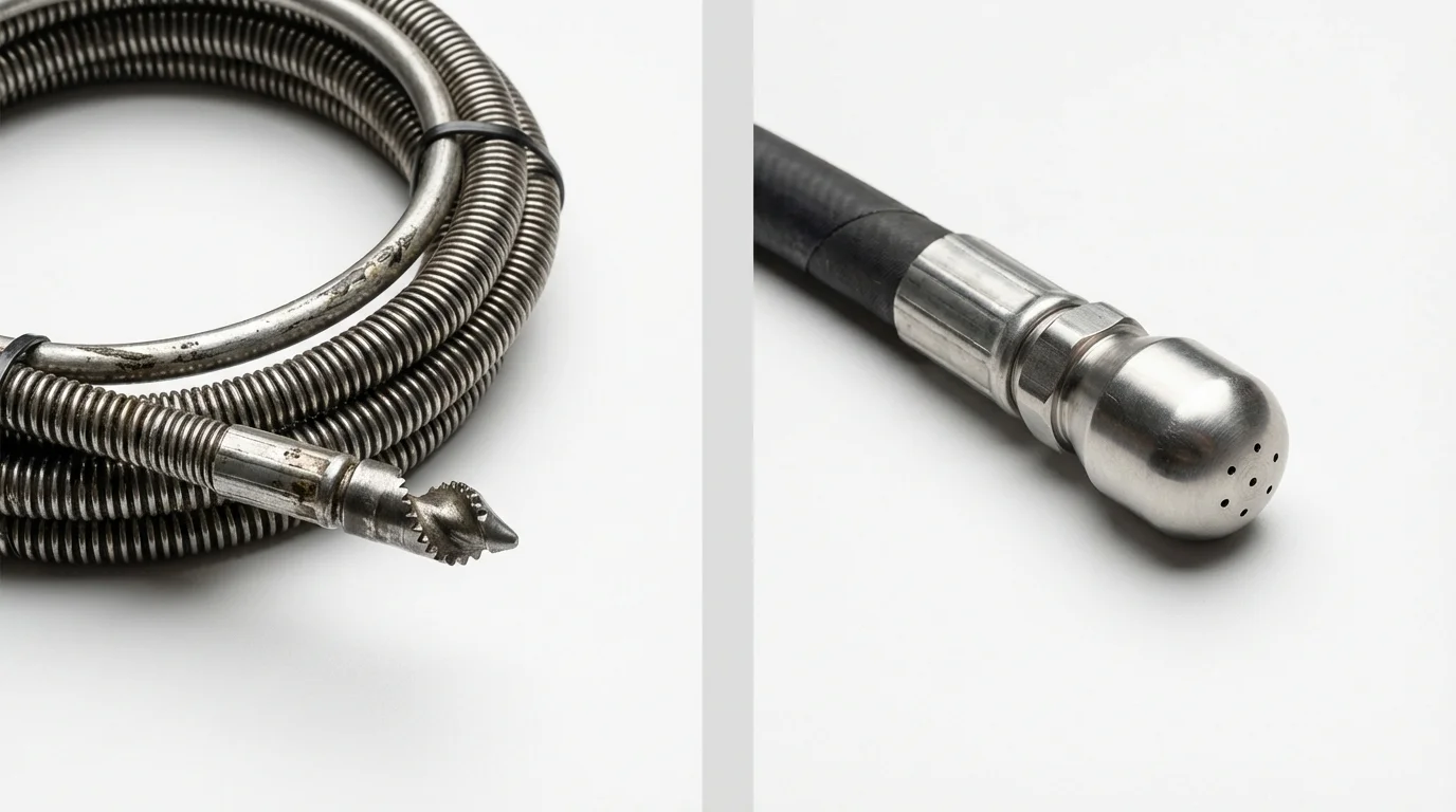 Drain snake cable and hydro jetting nozzle used for drain cleaning in Russell, KS