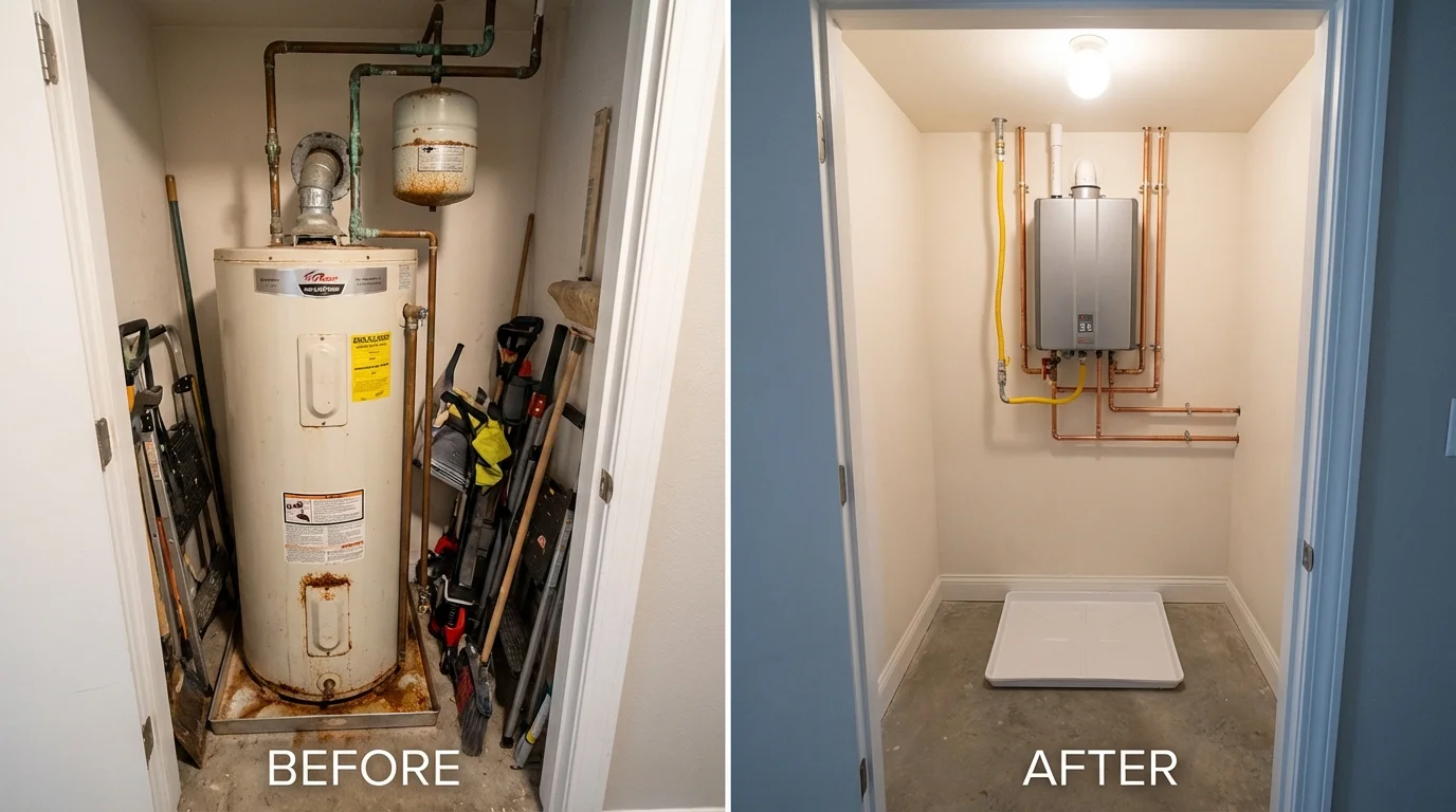 Tank water heater versus wall-mounted tankless unit comparison for Russell, KS homeowners