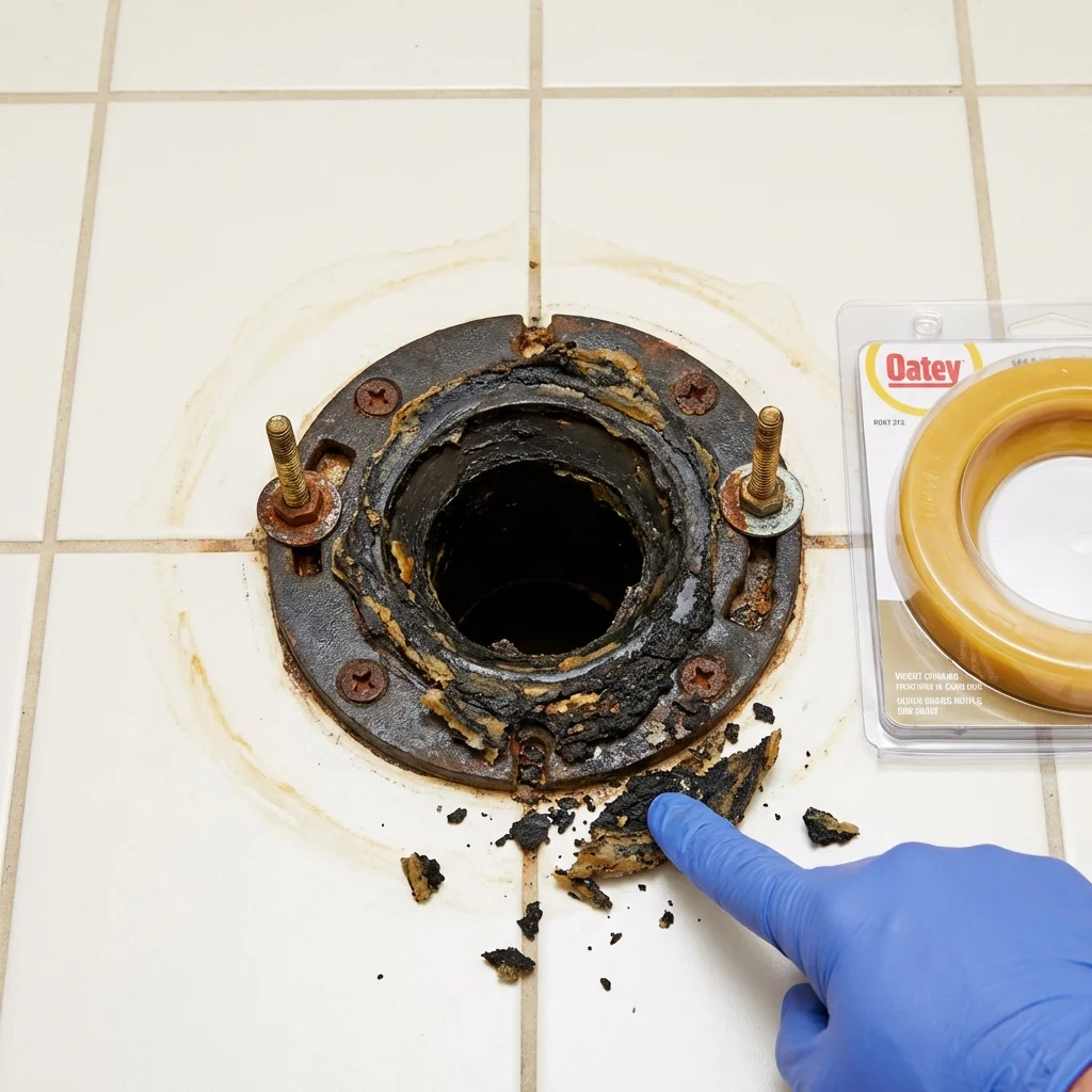 Failed wax ring showing water seepage at the base of a toilet in a Russell, KS home