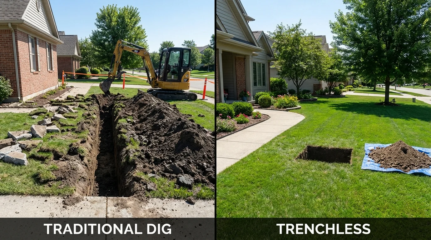 Trenchless sewer repair with minimal yard damage versus traditional excavation in Russell, KS