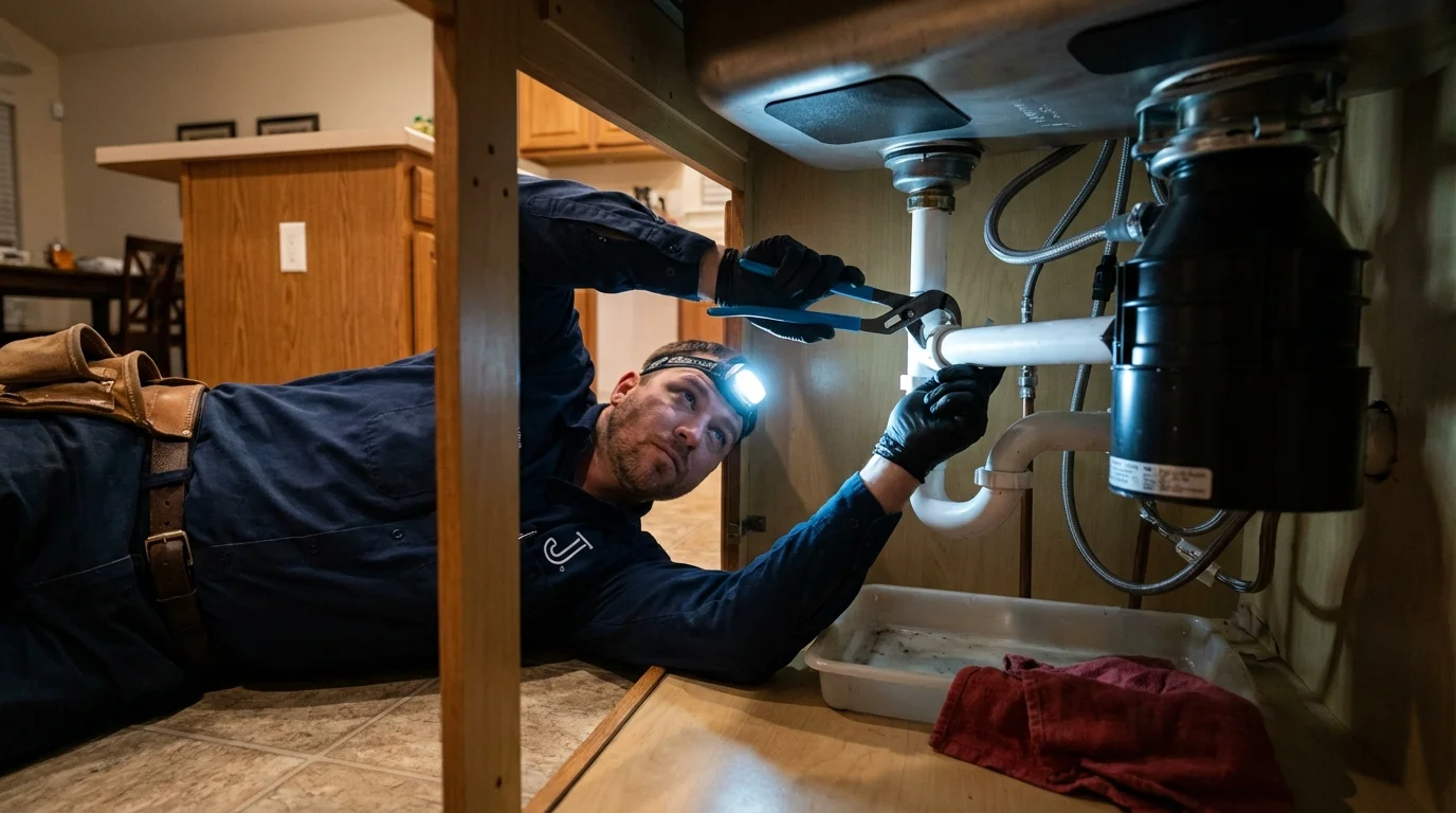 P-trap and supply line connections under a kitchen sink showing a common leak point in Russell, KS